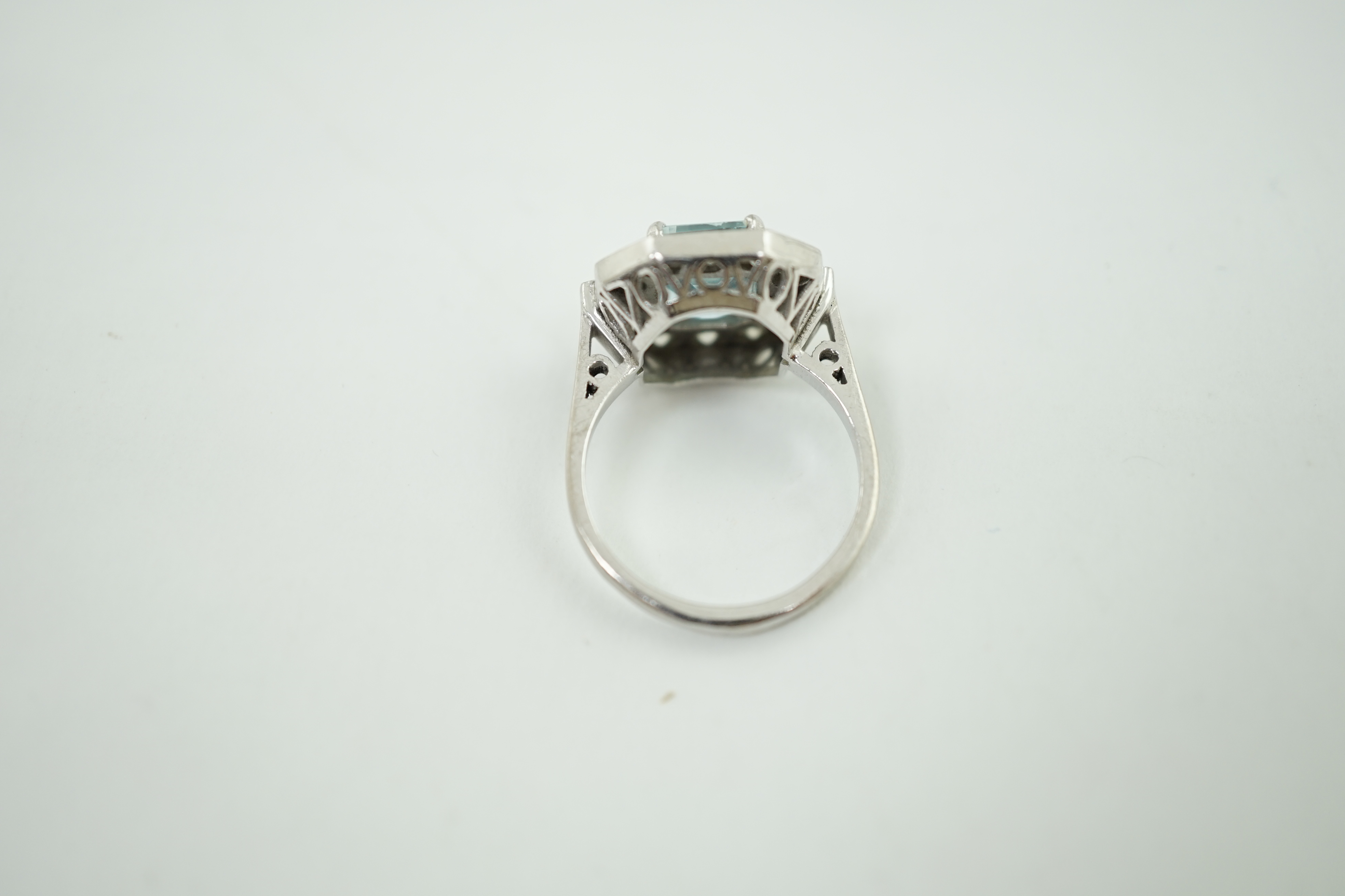 An Art Deco style white gold?, aquamarine and diamond cluster set octagonal dress ring